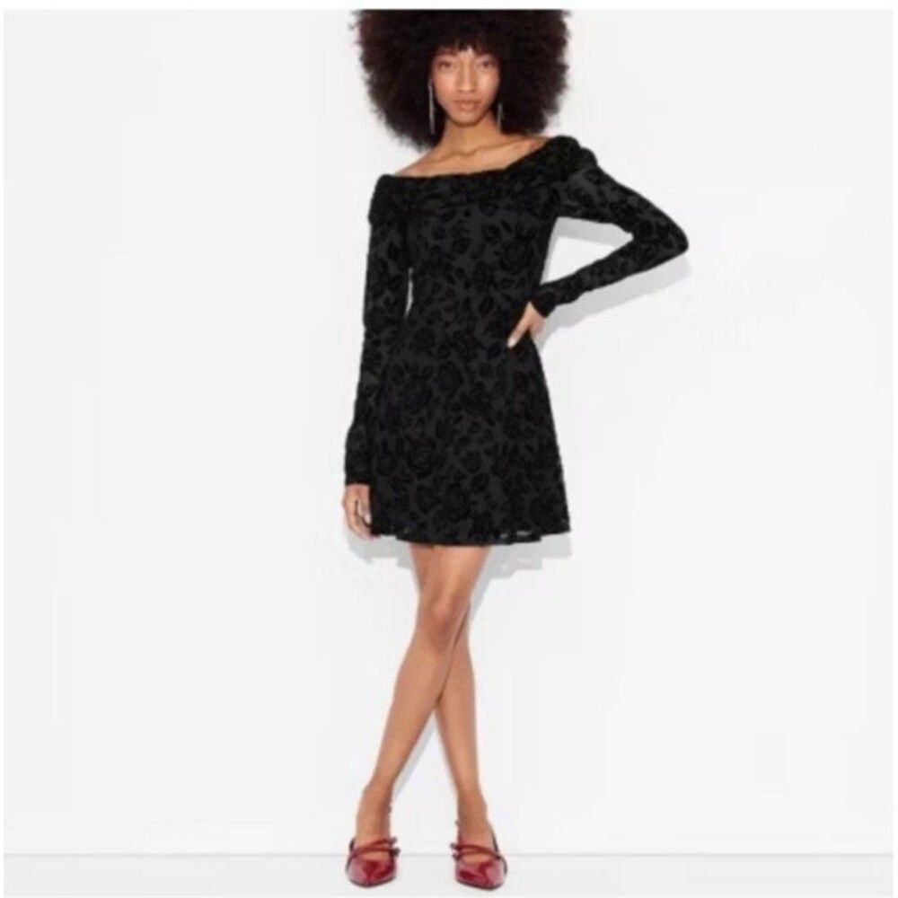 Wild Fable Flocked Shoulder Velvet Burnout Y2K Romantic Roses Black Dress Size S